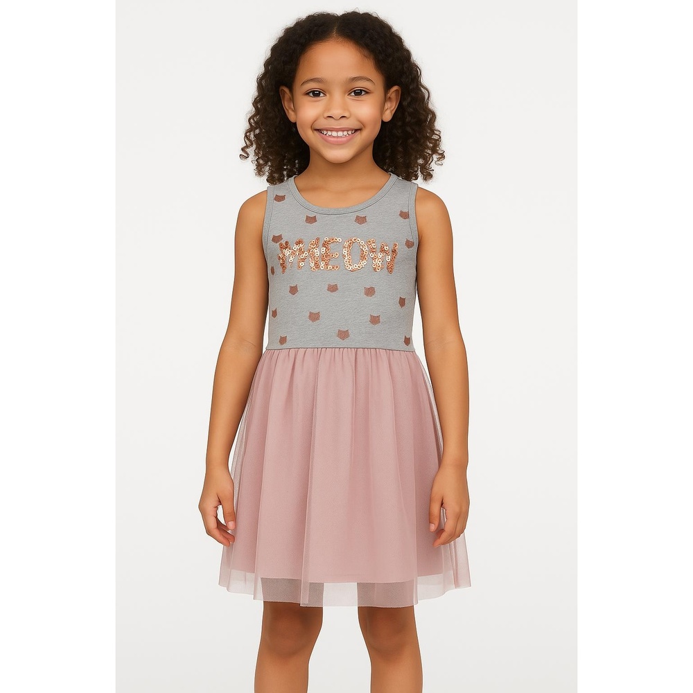 CHILDRENS PLACE Pink & Grey Glitter Cat‎ Face Tulle Skirt "Meow" Dress Size 7/8